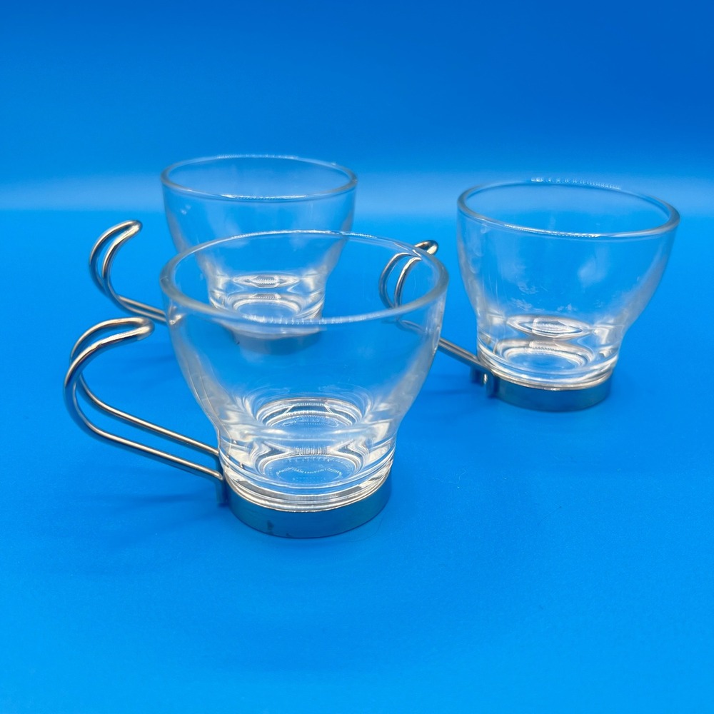 Bormioli Rocco Tempered Glass Espresso‎ Cups, Set of 3 with Chrome Metal Stand